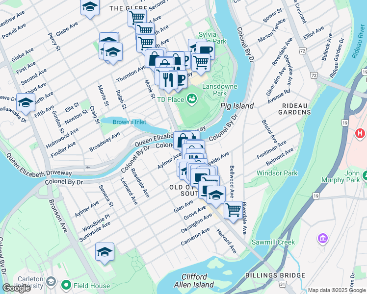 map of restaurants, bars, coffee shops, grocery stores, and more near 1040 Bank Street in Ottawa