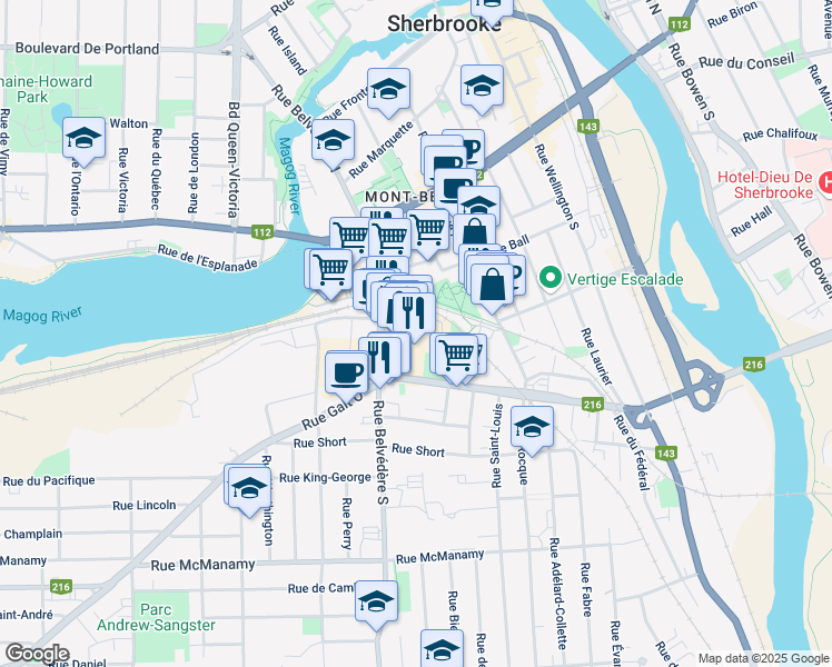 map of restaurants, bars, coffee shops, grocery stores, and more near 580 Rue Belvédère Sud in Sherbrooke