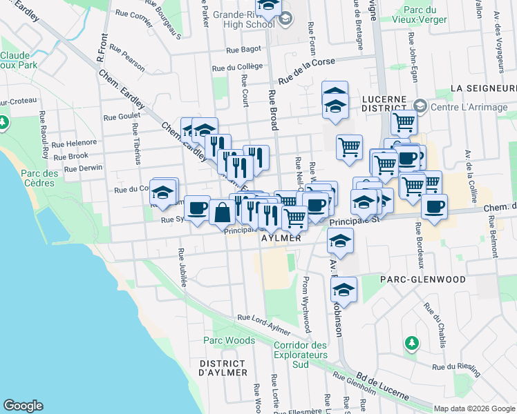 map of restaurants, bars, coffee shops, grocery stores, and more near 94 Chemin Eardley in Gatineau