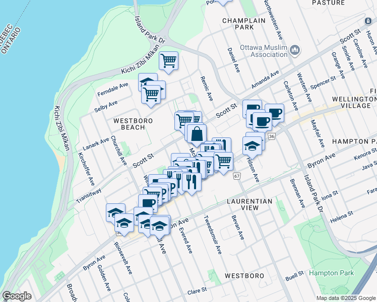 map of restaurants, bars, coffee shops, grocery stores, and more near 320 McRae Avenue in Ottawa