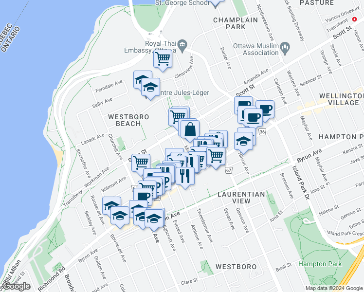 map of restaurants, bars, coffee shops, grocery stores, and more near 320 McRae Avenue in Ottawa