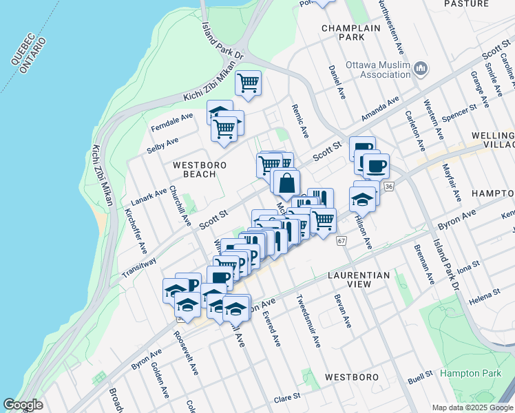 map of restaurants, bars, coffee shops, grocery stores, and more near in Ottawa