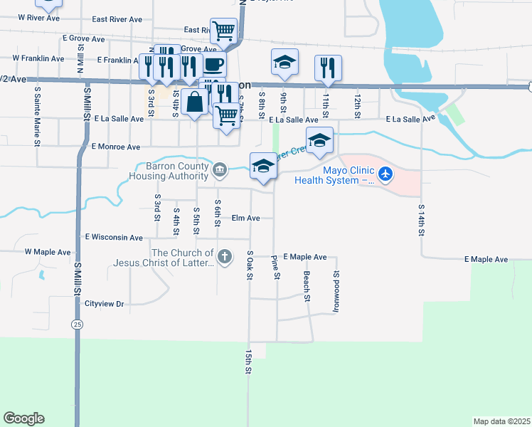 map of restaurants, bars, coffee shops, grocery stores, and more near 335 Pine Street in Barron