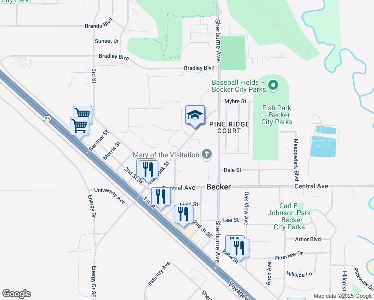 map of restaurants, bars, coffee shops, grocery stores, and more near 12051 Hancock Street in Becker