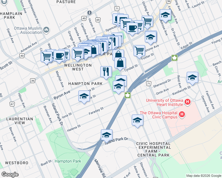 map of restaurants, bars, coffee shops, grocery stores, and more near 76 Harmer Avenue North in Ottawa
