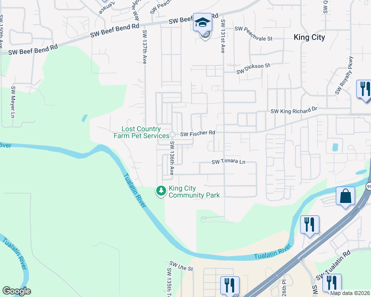 map of restaurants, bars, coffee shops, grocery stores, and more near 17118 Southwest Sonnet Way in King City