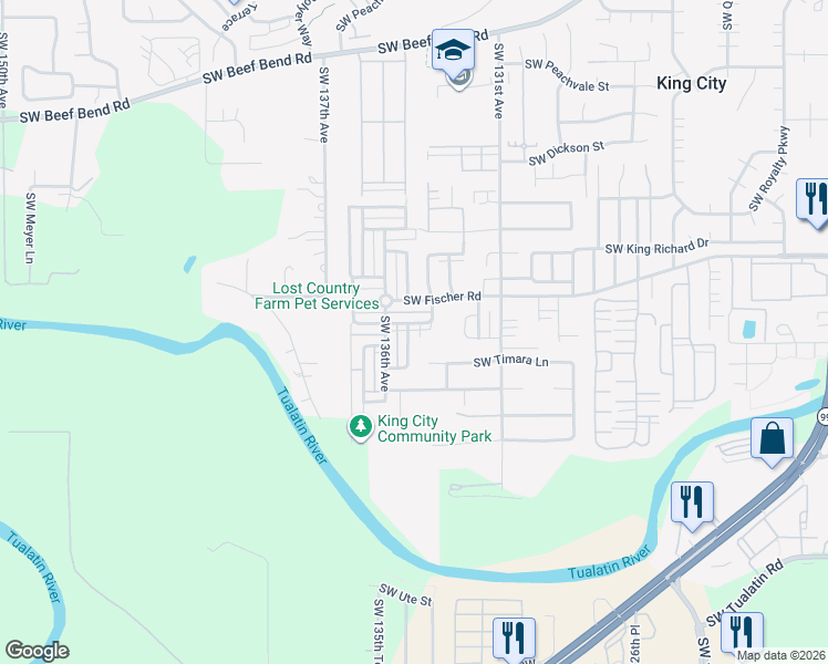 map of restaurants, bars, coffee shops, grocery stores, and more near 17118 Southwest Sonnet Way in King City