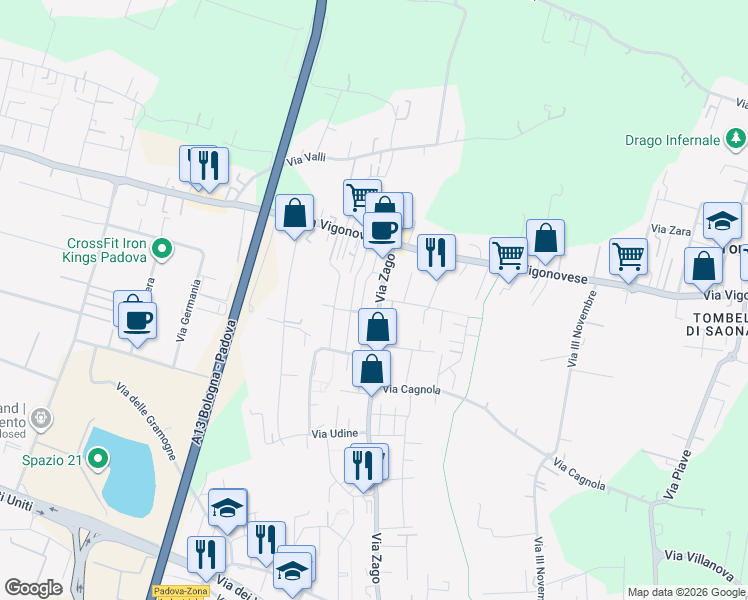 map of restaurants, bars, coffee shops, grocery stores, and more near 83 Via Zago in Villatora