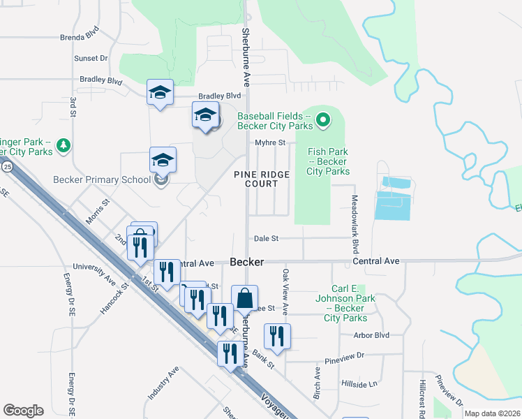 map of restaurants, bars, coffee shops, grocery stores, and more near in Becker