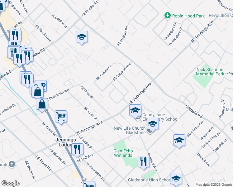 map of restaurants, bars, coffee shops, grocery stores, and more near 17633 Southeast Emerald Drive in Milwaukie