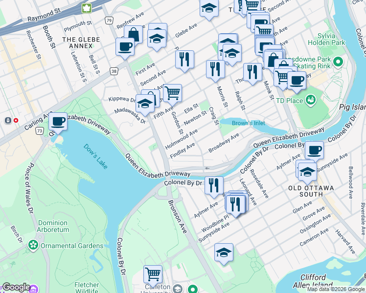 map of restaurants, bars, coffee shops, grocery stores, and more near 63 Findlay Avenue in Ottawa