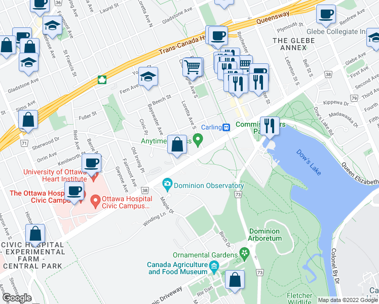 map of restaurants, bars, coffee shops, grocery stores, and more near 335 Breezehill Avenue South in Ottawa