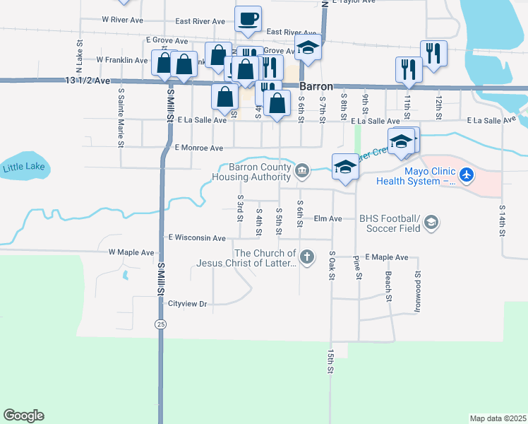 map of restaurants, bars, coffee shops, grocery stores, and more near 430 South 4th Street in Barron