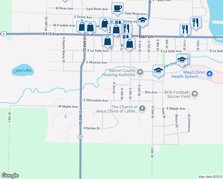 map of restaurants, bars, coffee shops, grocery stores, and more near 431 South 3rd Street in Barron