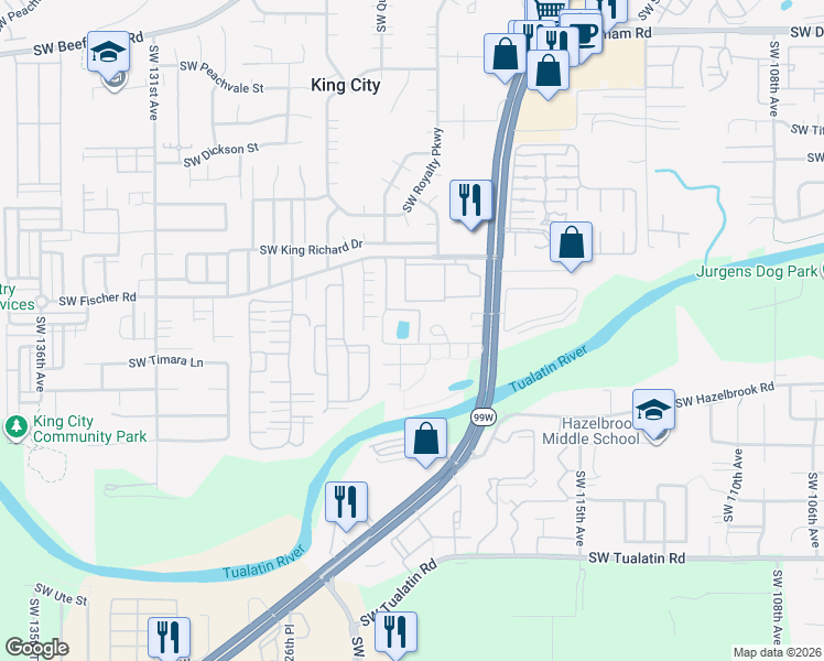 map of restaurants, bars, coffee shops, grocery stores, and more near 17113 Southwest Versailles Lane in Tigard
