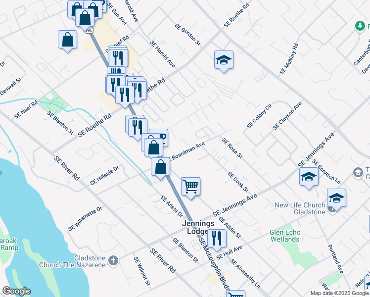 map of restaurants, bars, coffee shops, grocery stores, and more near 4755 Southeast Boardman Avenue in Portland