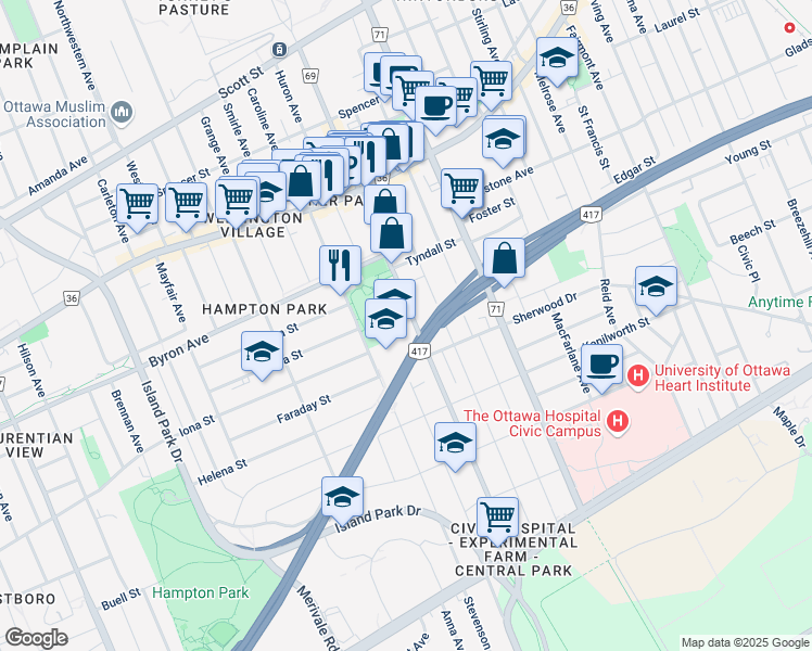 map of restaurants, bars, coffee shops, grocery stores, and more near 250 Holland Avenue in Ottawa