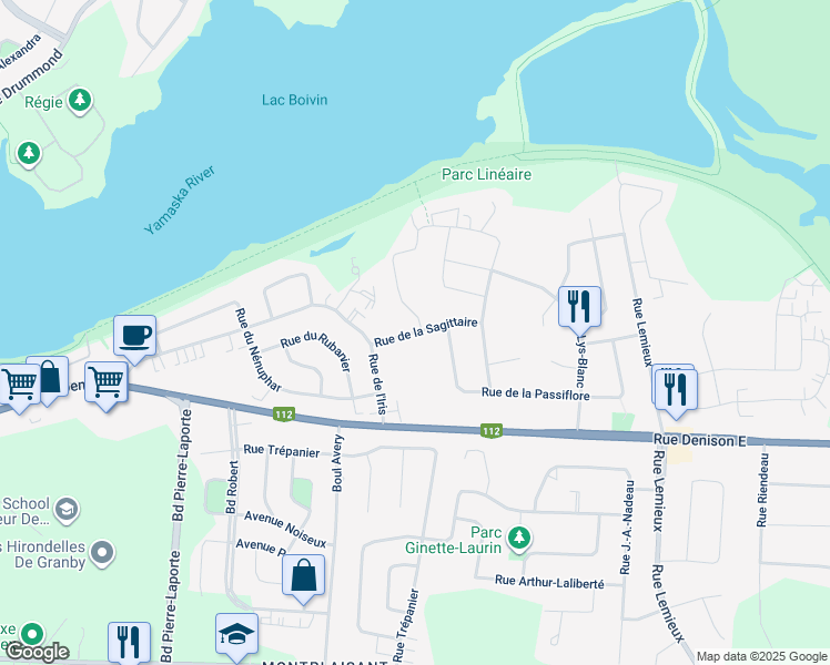 map of restaurants, bars, coffee shops, grocery stores, and more near Rue du Sagittaire in Granby