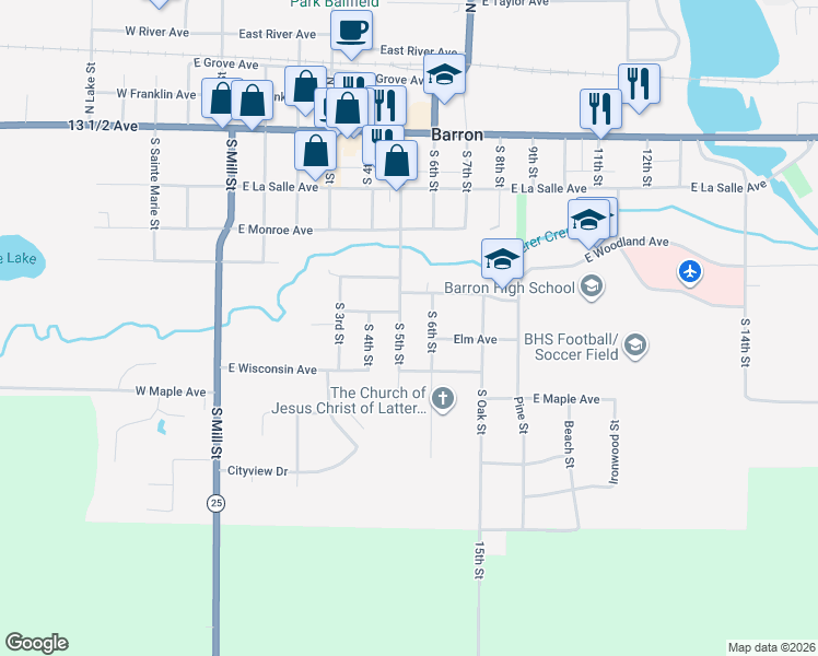 map of restaurants, bars, coffee shops, grocery stores, and more near 426 S 5th St in Barron
