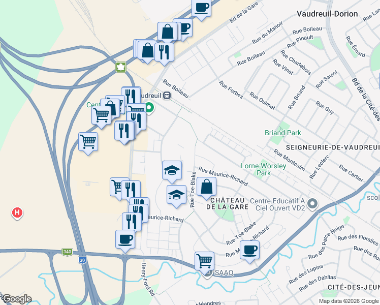 map of restaurants, bars, coffee shops, grocery stores, and more near 40 Rue Toe-Blake in Vaudreuil-Dorion