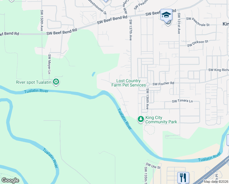 map of restaurants, bars, coffee shops, grocery stores, and more near 14020 Southwest River Lane in Portland