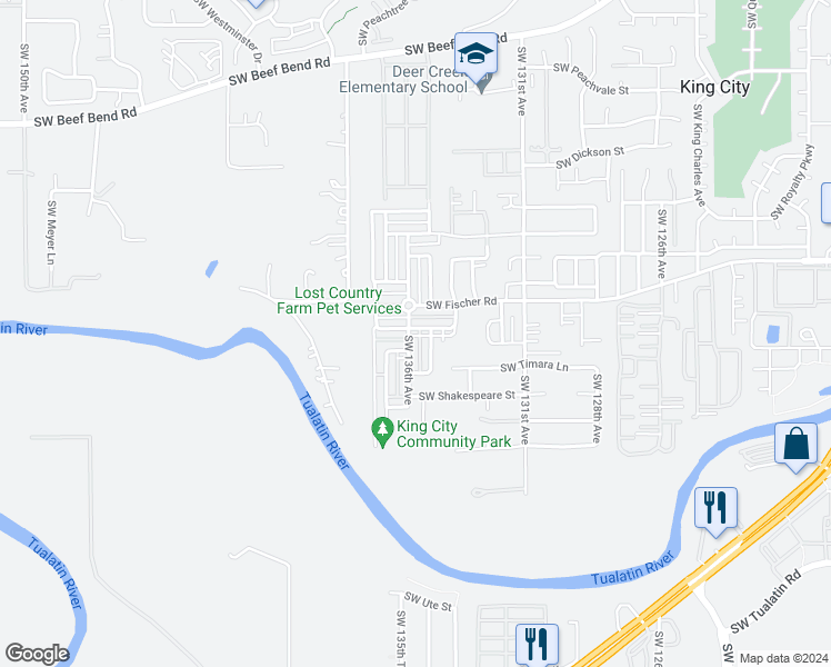 map of restaurants, bars, coffee shops, grocery stores, and more near 17104 Southwest 136th Avenue in King City
