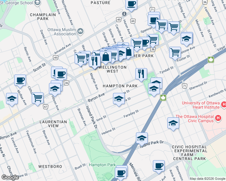 map of restaurants, bars, coffee shops, grocery stores, and more near 122 Byron Avenue in Ottawa