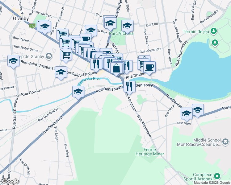 map of restaurants, bars, coffee shops, grocery stores, and more near 146 Rue Denison Ouest in Granby
