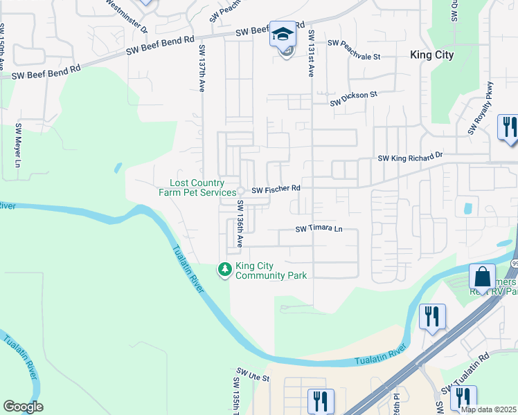map of restaurants, bars, coffee shops, grocery stores, and more near 17100 Southwest Sonnet Way in King City