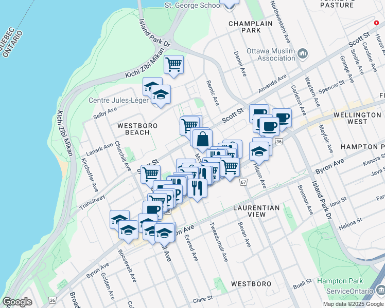 map of restaurants, bars, coffee shops, grocery stores, and more near 1960 Scott Street in Ottawa