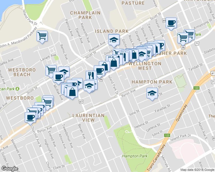 map of restaurants, bars, coffee shops, grocery stores, and more near 393 Leighton Terrace in Ottawa