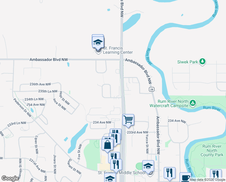 map of restaurants, bars, coffee shops, grocery stores, and more near 23515 DeGardner Circle Northwest in Saint Francis