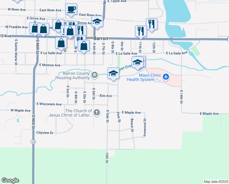 map of restaurants, bars, coffee shops, grocery stores, and more near 335 Pine Street in Barron