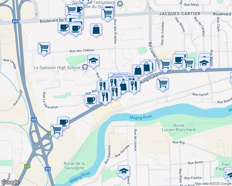 map of restaurants, bars, coffee shops, grocery stores, and more near 1145 Rue King Ouest in Sherbrooke