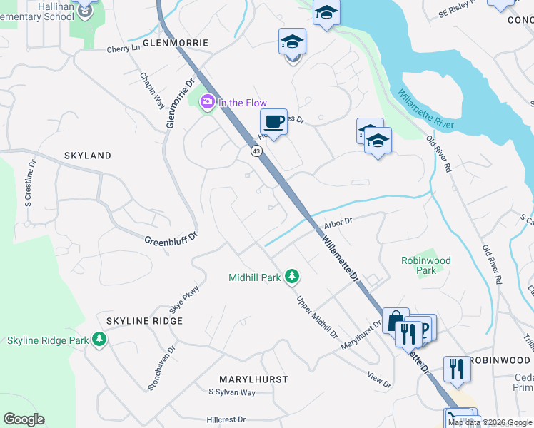 map of restaurants, bars, coffee shops, grocery stores, and more near 2480 Marylshire Lane in Lake Oswego