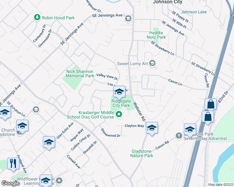 map of restaurants, bars, coffee shops, grocery stores, and more near 7230 Los Verdes Drive in Gladstone