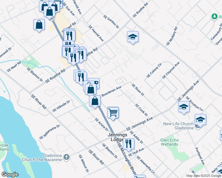 map of restaurants, bars, coffee shops, grocery stores, and more near 4912 Southeast Boardman Avenue in Portland