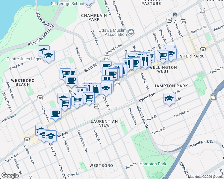 map of restaurants, bars, coffee shops, grocery stores, and more near 108 Richmond Road in Ottawa