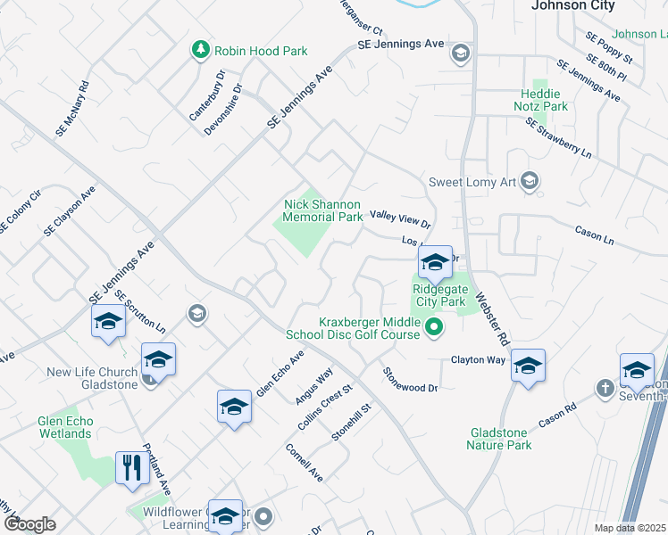 map of restaurants, bars, coffee shops, grocery stores, and more near 6740 Park Way in Gladstone