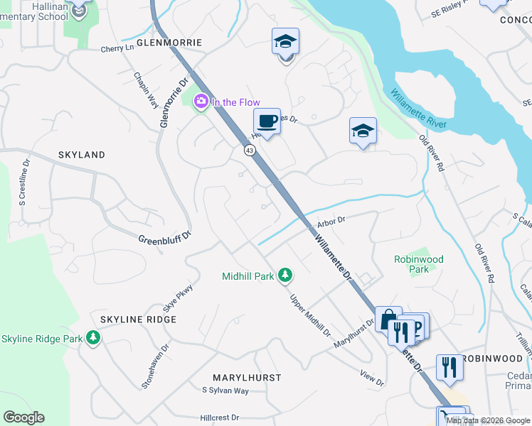 map of restaurants, bars, coffee shops, grocery stores, and more near 2484 Marylshire Lane in Lake Oswego