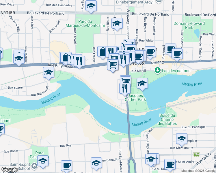 map of restaurants, bars, coffee shops, grocery stores, and more near 215 Rue Bellevue in Sherbrooke