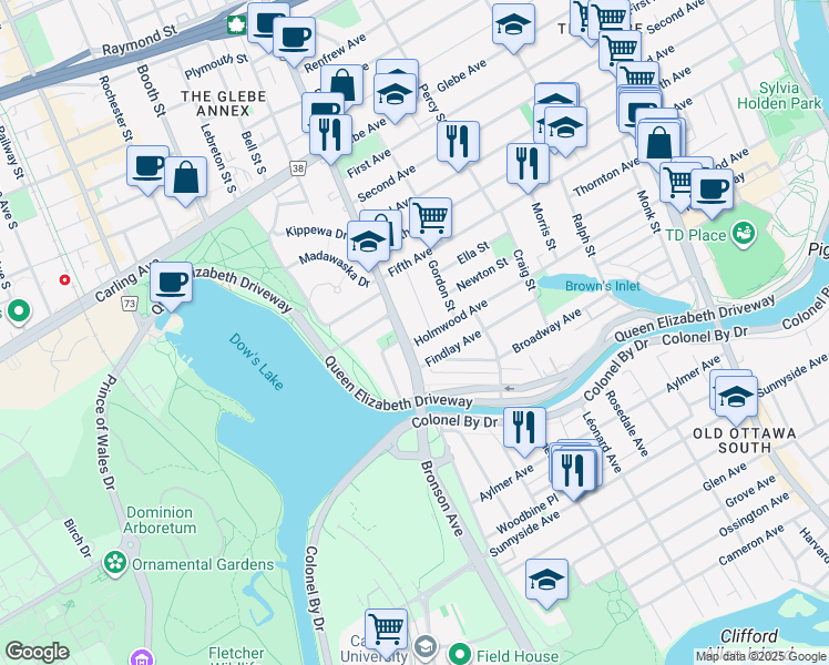 map of restaurants, bars, coffee shops, grocery stores, and more near 315 Holmwood Avenue in Ottawa