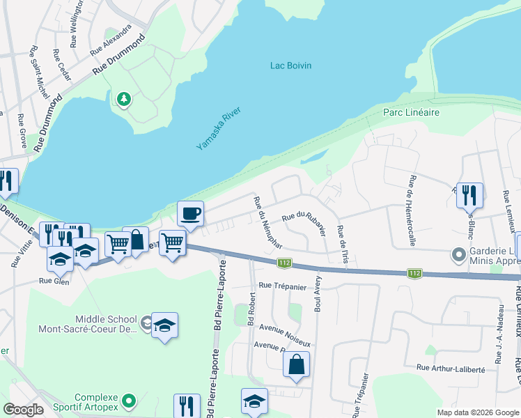 map of restaurants, bars, coffee shops, grocery stores, and more near Rue de l'Iris in Granby