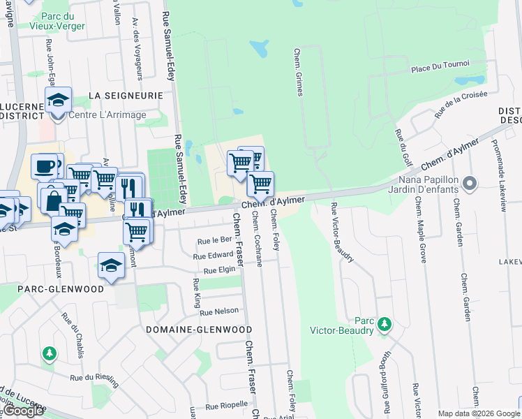 map of restaurants, bars, coffee shops, grocery stores, and more near 366 Chemin d'Aylmer in Gatineau