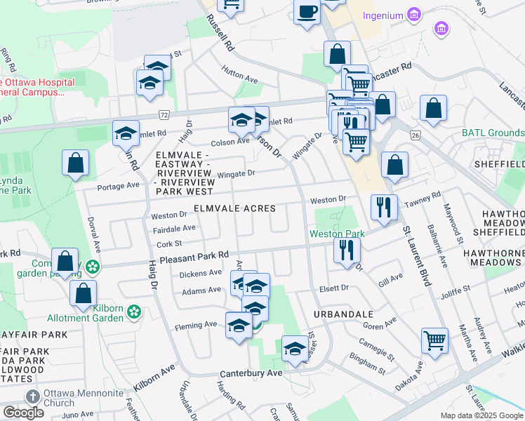 map of restaurants, bars, coffee shops, grocery stores, and more near 866 Weston Drive in Ottawa