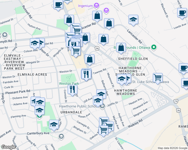 map of restaurants, bars, coffee shops, grocery stores, and more near 2045 Saint Laurent Boulevard in Ottawa