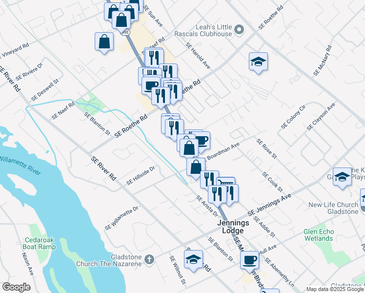 map of restaurants, bars, coffee shops, grocery stores, and more near 17497 Southeast McLoughlin Boulevard in Milwaukie