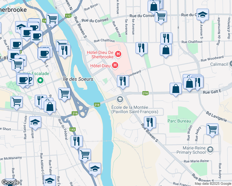 map of restaurants, bars, coffee shops, grocery stores, and more near in Sherbrooke
