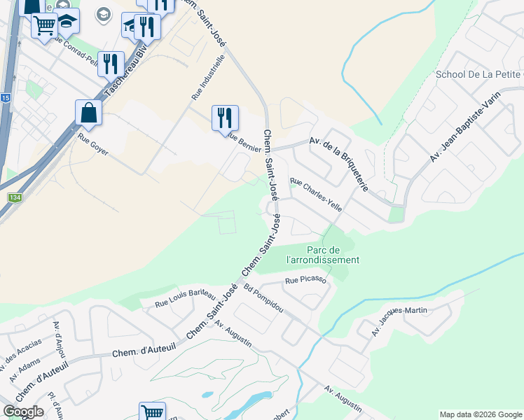 map of restaurants, bars, coffee shops, grocery stores, and more near 80 Rue Léopold-Perron in La Prairie