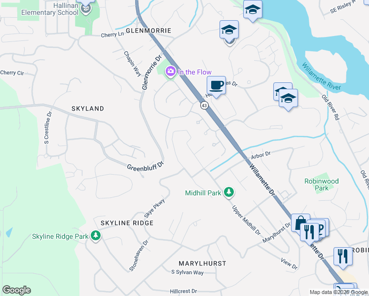 map of restaurants, bars, coffee shops, grocery stores, and more near 18038 Upper Midhill Drive in West Linn